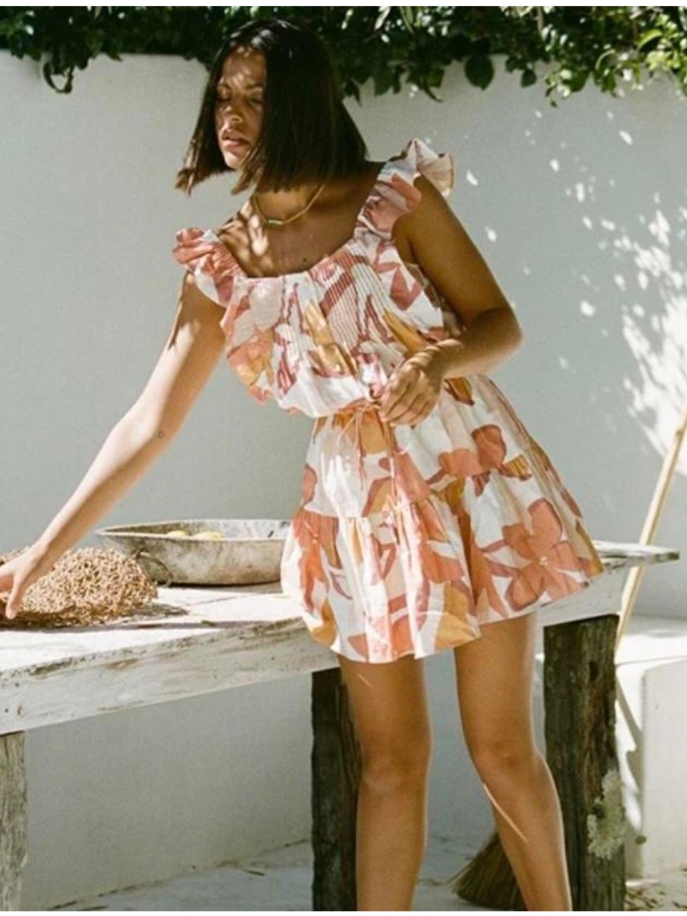 Sabo Skirt Mao Linen Blend Peach & White Floral Ruffle Mini Dress